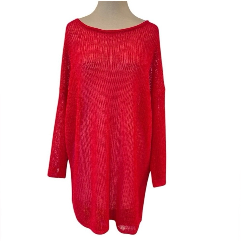 J. Jill Red Open Weave Lightweight Sheer 3/4 Length Sleeve Pullover Size Large
